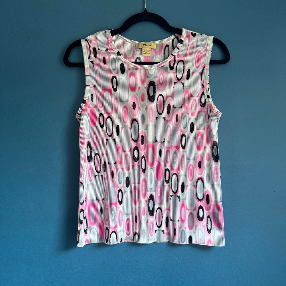 Vintage Pleated Tank Top Women's Size Medium Plissé Pink Black Circle Groovy VTG